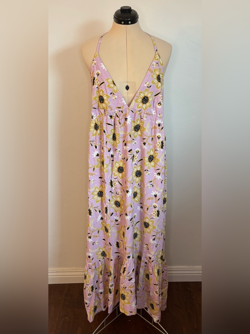 LOFT Beach Lilac Pink & Golden Mustard Floral Tiered Hem Halter Midi Sundress XL